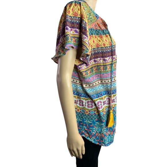 One World Women's XL Blouse Boho Metallic Threading Short Sleeve V Neck Tassels - Picture 10 of 12